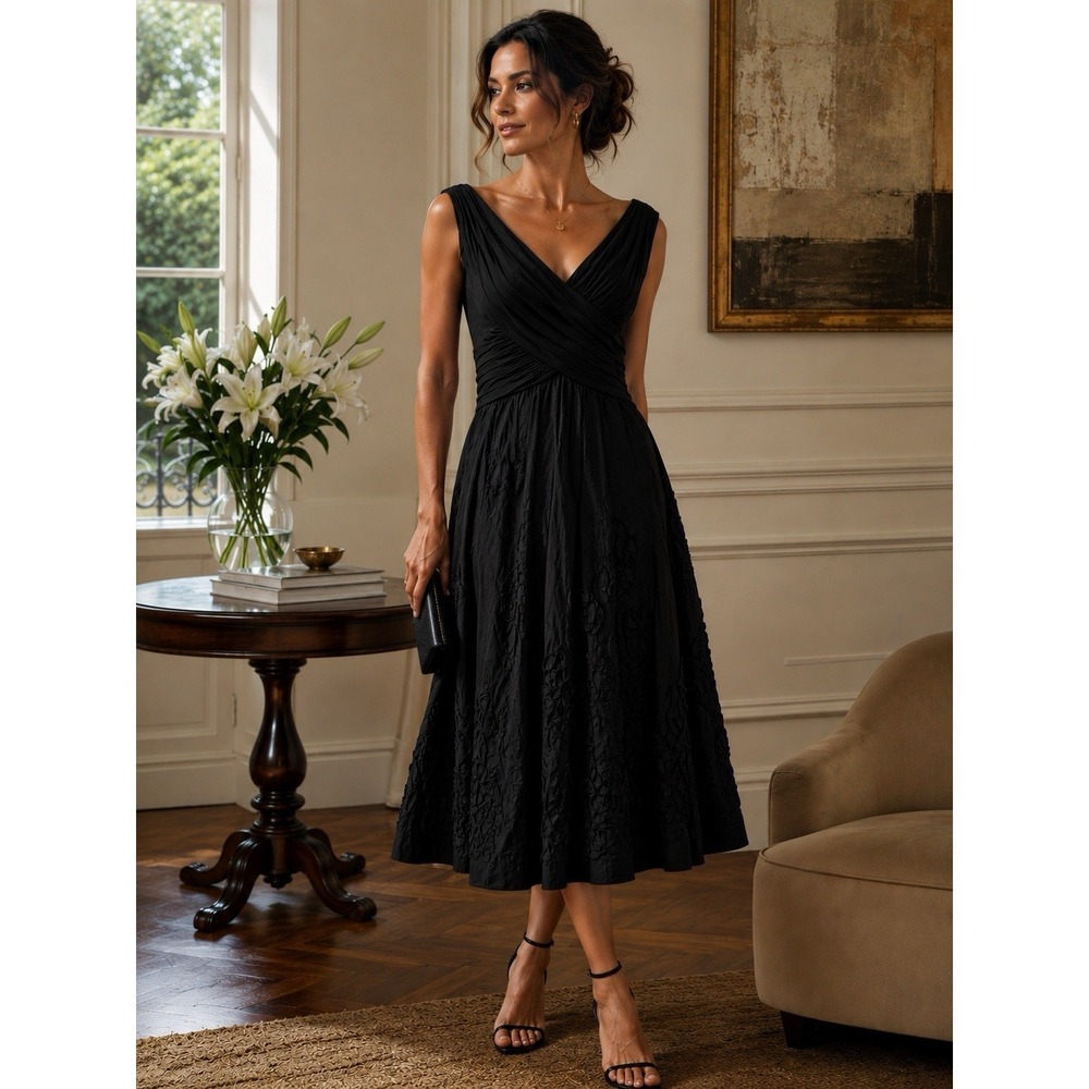 ADRIANNA PAPELL Dress 10 Black Cocktail Tafetta  Rosette Fit Flare Pleated Midi